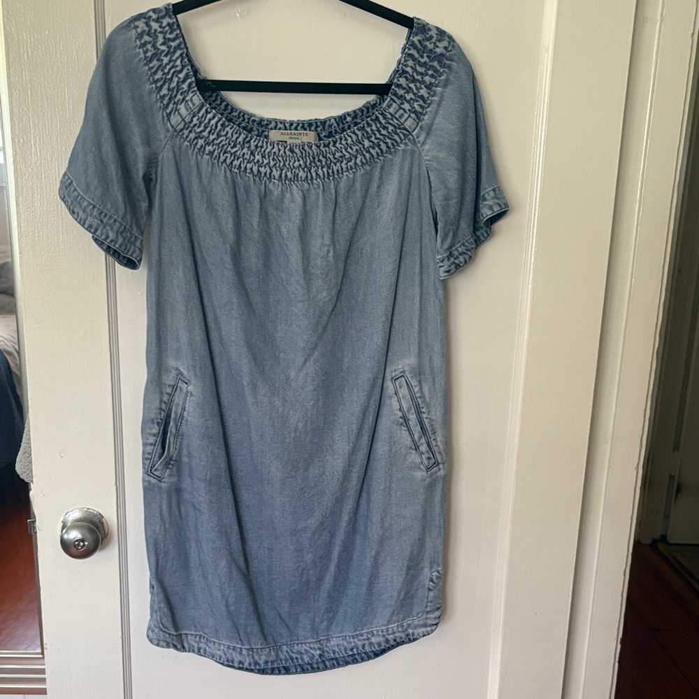 All Saints Blue Smocked Denim off the shoulder dress